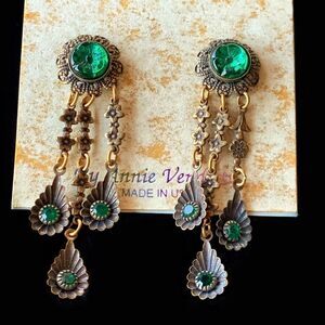Banana Bob green crystal ox bronze floral chandelier Victorian earrings VTG New
